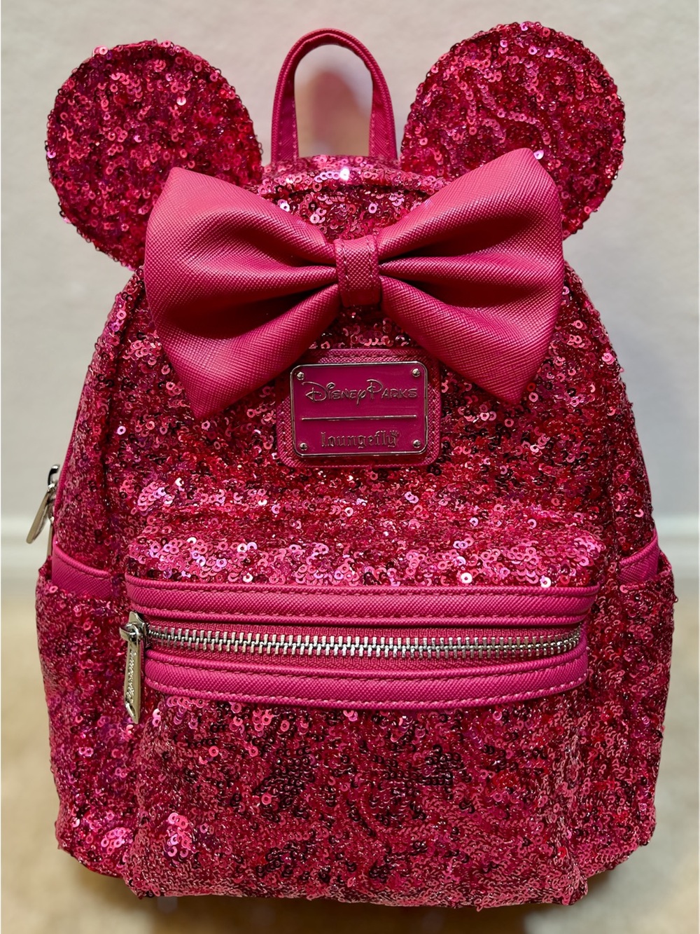 Loungefly Disney Parks Magenta Pink Sequin Minnie Ear Mini Backpack with Bow